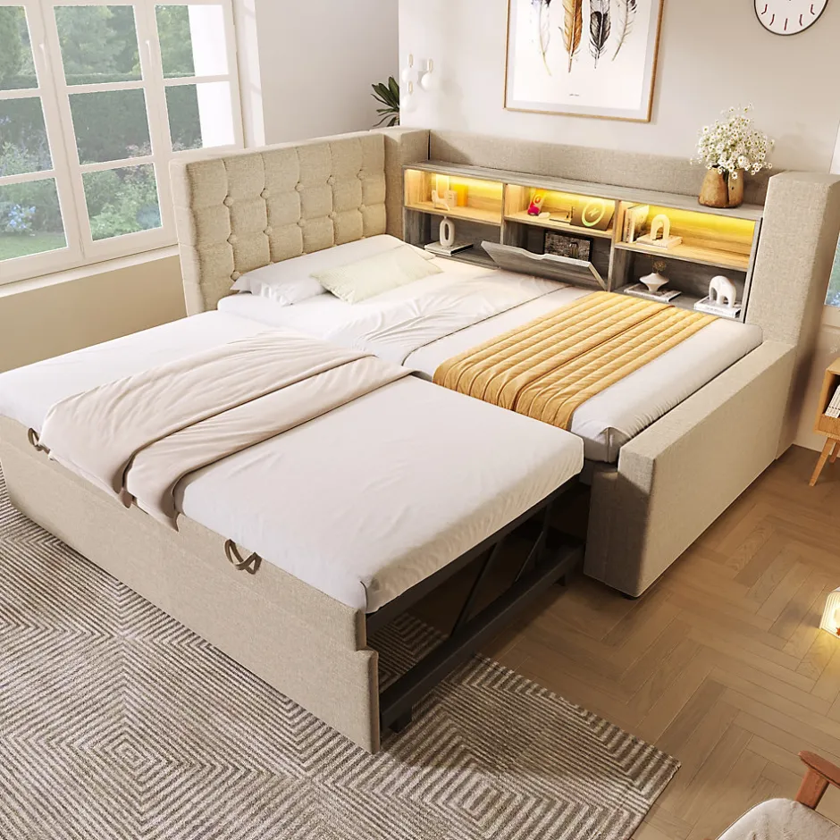 ModernLuxe Canapé-lit 90x200 cm avec lit gigogne - LED + rangement - USB - tissu lin - beige (sans matelas)