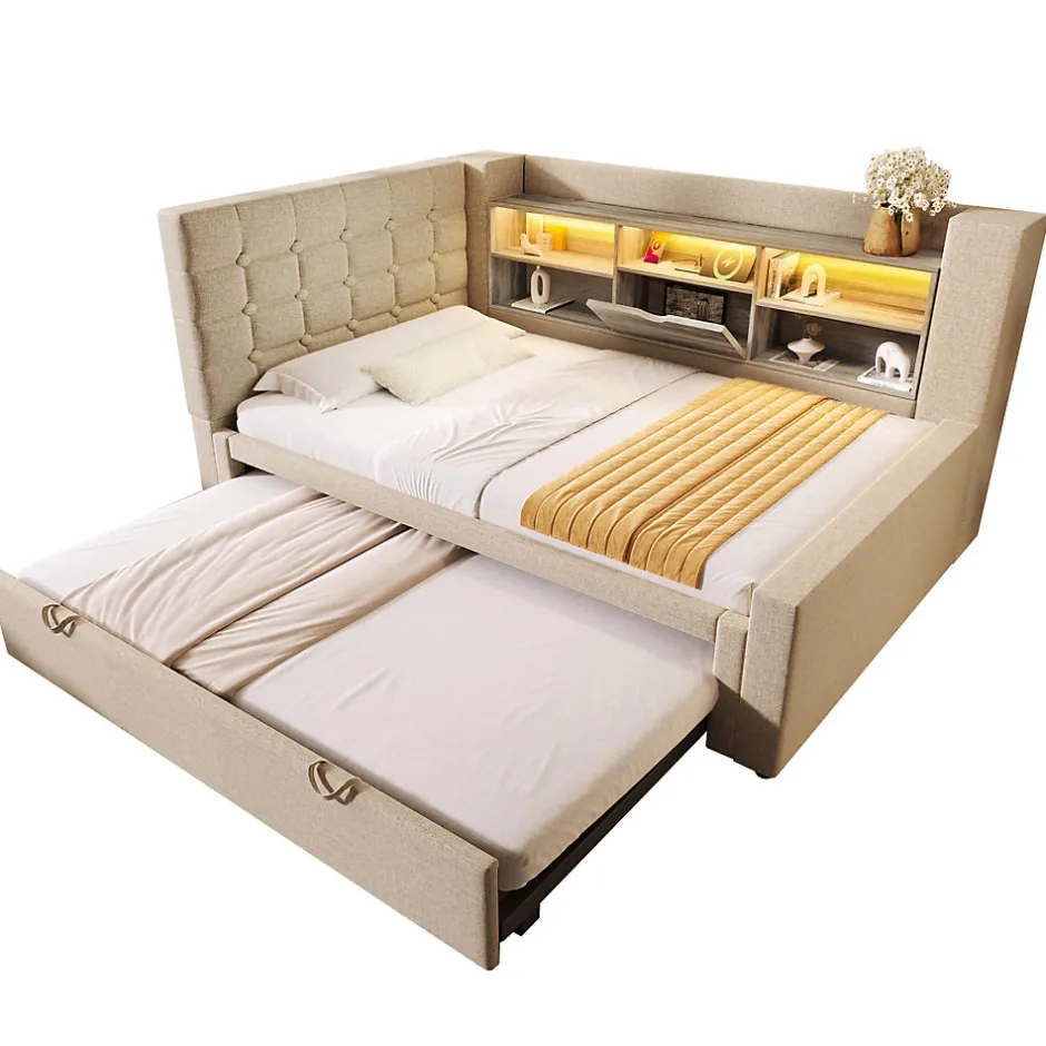 ModernLuxe Canapé-lit 90x200 cm avec lit gigogne - LED + rangement - USB - tissu lin - beige (sans matelas)