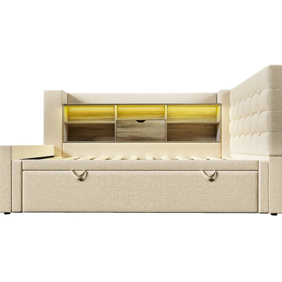 ModernLuxe Canapé-lit 90x200 cm avec lit gigogne - LED + rangement - USB - tissu lin - beige (sans matelas)