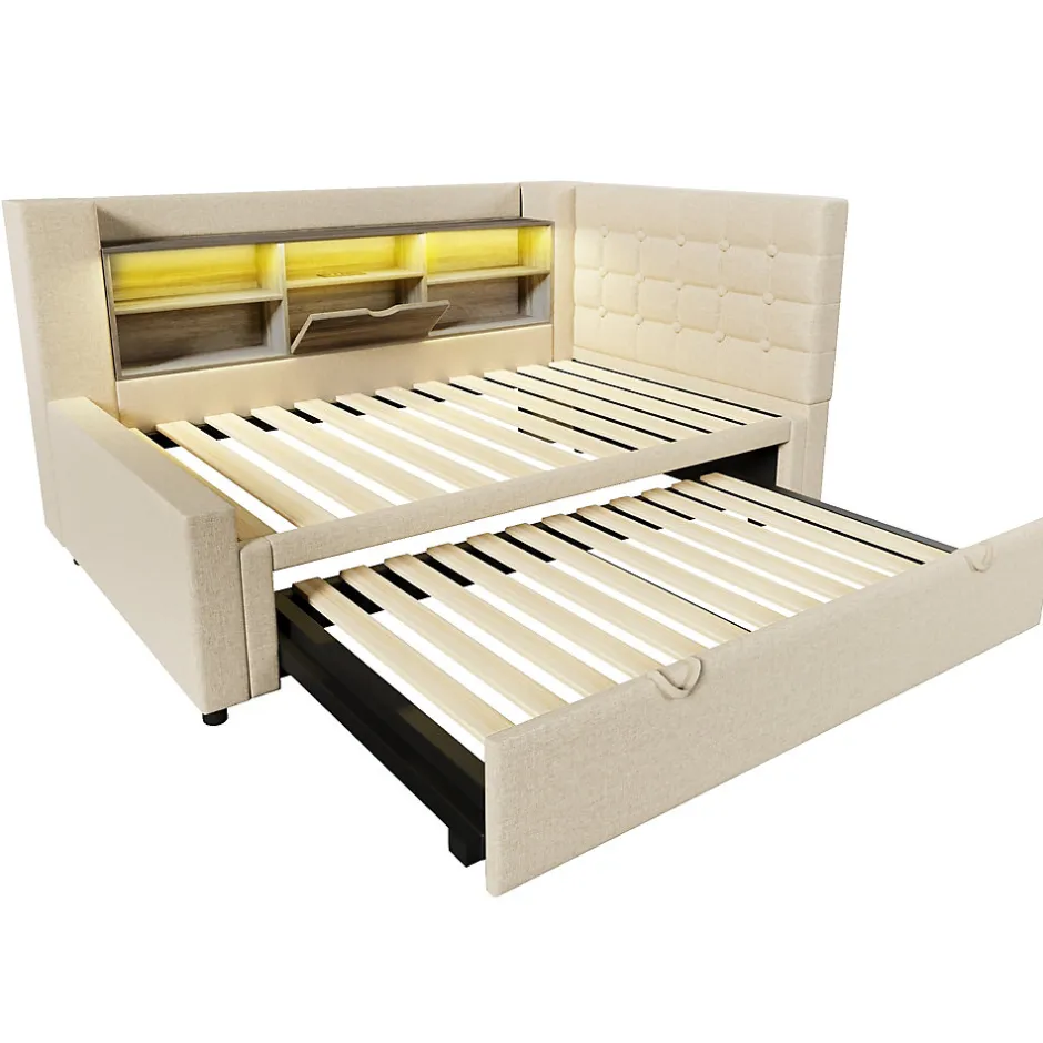 ModernLuxe Canapé-lit 90x200 cm avec lit gigogne - LED + rangement - USB - tissu lin - beige (sans matelas)