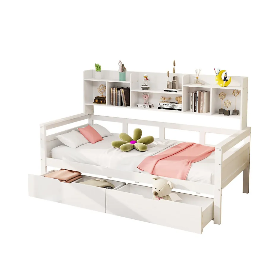 Redom Canapé-lit 90x200 cm avec tiroirs et étagères sommier bois massif blanc