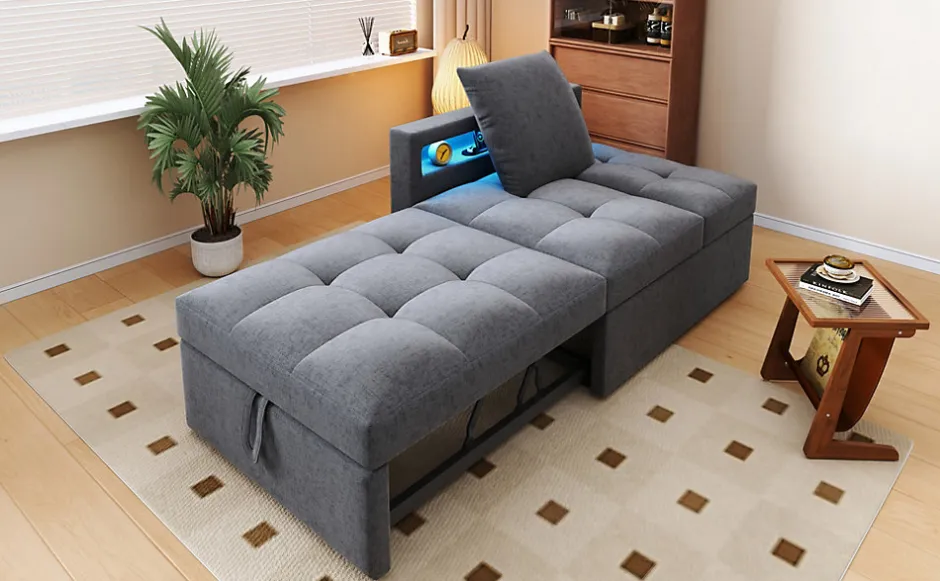 Redom Canapé-lit 140x190 cm convertible clic-clac avec coffre, tissu gris, design contemporain