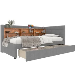 Redom Canapé-lit 140x190 cm convertible clic-clac en tissu gris avec coffre discret, structure métal, contemporain