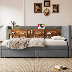 Redom Canapé-lit 140x190 cm convertible clic-clac en tissu gris avec coffre discret, structure métal, contemporain