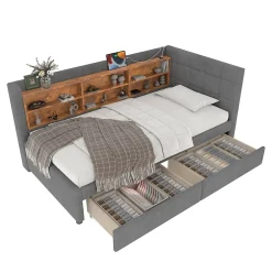 Redom Canapé-lit 140x190 cm convertible clic-clac en tissu gris avec coffre discret, structure métal, contemporain