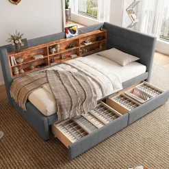 Redom Canapé-lit 140x190 cm convertible clic-clac en tissu gris avec coffre discret, structure métal, contemporain