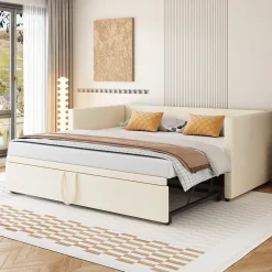 Redom Canapé-lit 90x200 cm convertible en 180x200 cm avec sommier à lattes, tissu velours beige