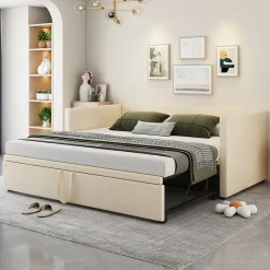 Redom Canapé-lit 90x200 cm convertible en 180x200 cm avec sommier à lattes, tissu velours beige
