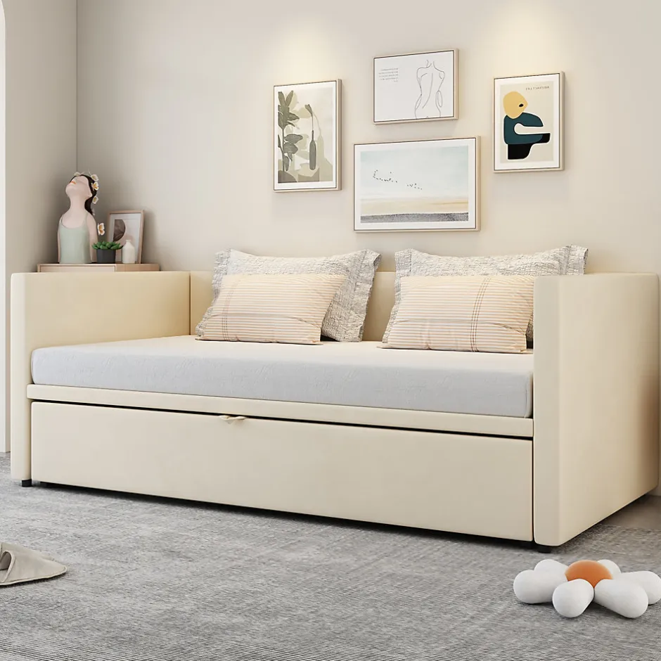 Redom Canapé-lit 90x200 cm convertible en 180x200 cm avec sommier à lattes, tissu velours beige