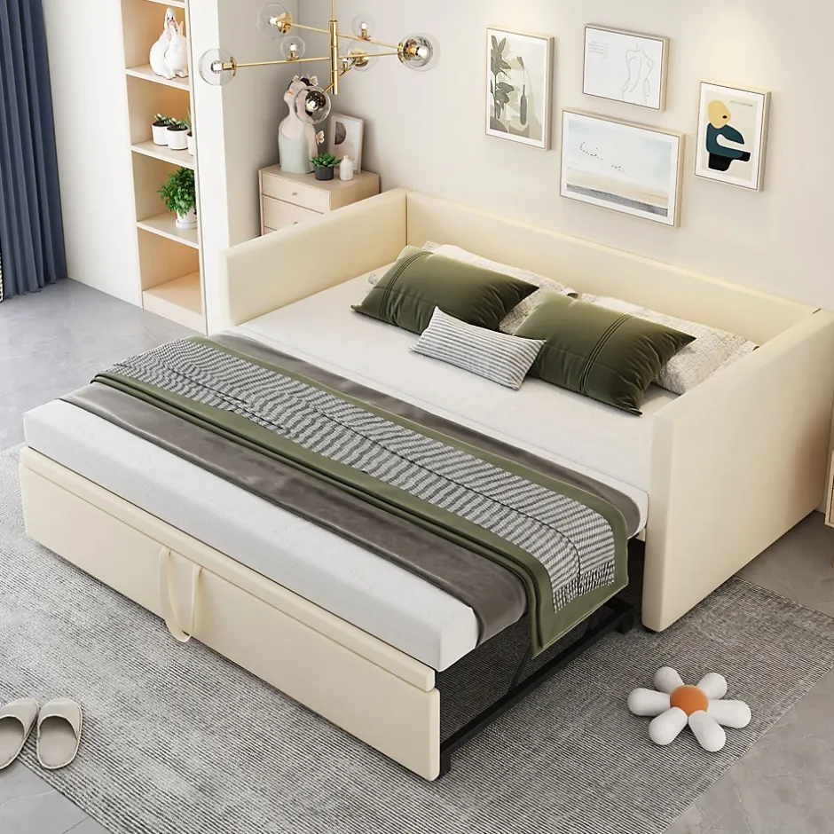 Redom Canapé-lit 90x200 cm convertible en 180x200 cm avec sommier à lattes, tissu velours beige