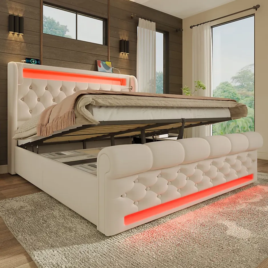 Redom Canapé-lit 160x200 cm convertible avec rangement hydraulique, éclairage LED intégré et station USB/Type-C en velours beige