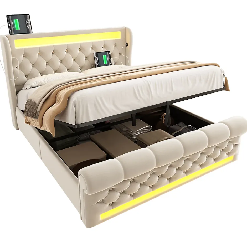 Redom Canapé-lit 160x200 cm convertible avec rangement hydraulique, éclairage LED intégré et station USB/Type-C en velours beige