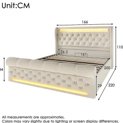 Redom Canapé-lit 160x200 cm convertible avec rangement hydraulique, éclairage LED intégré et station USB/Type-C en velours beige
