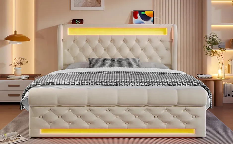 Redom Canapé-lit 160x200 cm convertible avec rangement hydraulique, éclairage LED intégré et station USB/Type-C en velours beige