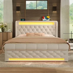 Redom Canapé-lit 160x200 cm convertible avec rangement hydraulique, éclairage LED intégré et station USB/Type-C en velours beige