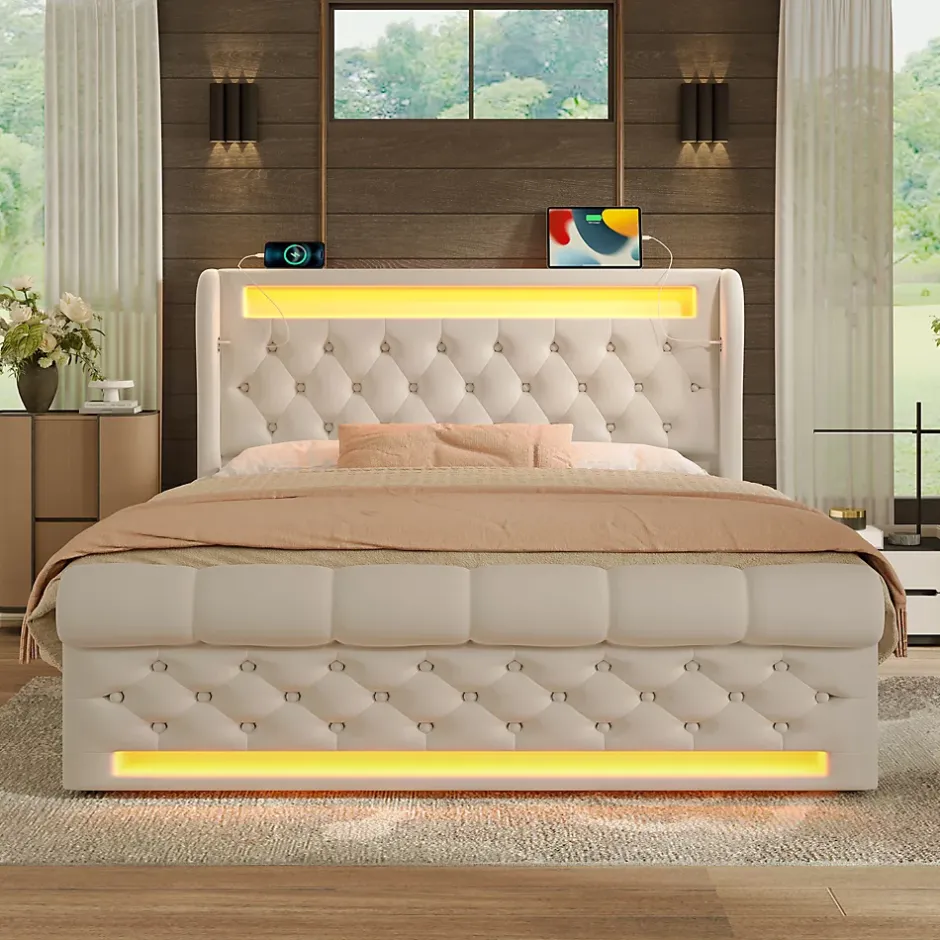 Redom Canapé-lit 160x200 cm convertible avec rangement hydraulique, éclairage LED intégré et station USB/Type-C en velours beige