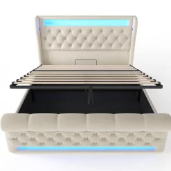 Redom Canapé-lit 160x200 cm convertible avec rangement hydraulique, éclairage LED intégré et station USB/Type-C en velours beige