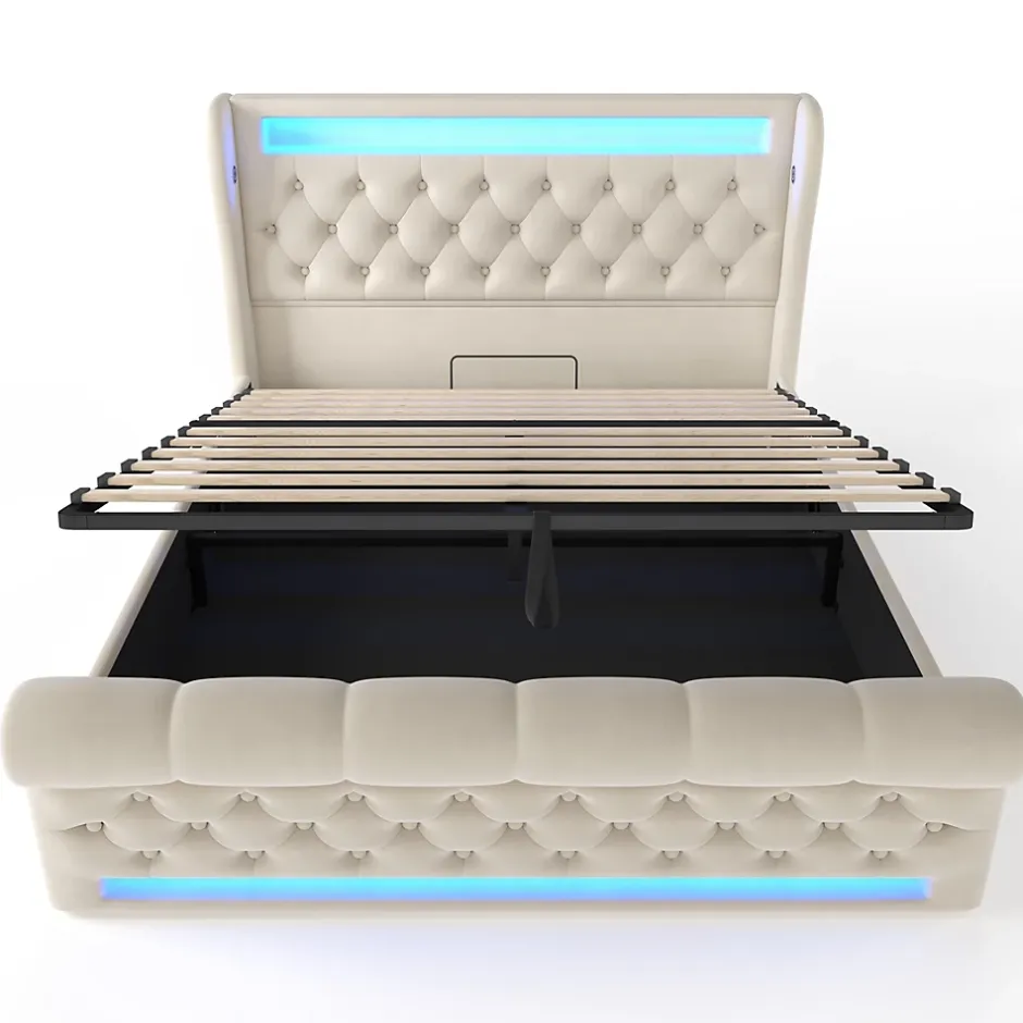 Redom Canapé-lit 160x200 cm convertible avec rangement hydraulique, éclairage LED intégré et station USB/Type-C en velours beige