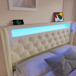 Redom Canapé-lit 160x200 cm convertible avec rangement hydraulique, éclairage LED intégré et station USB/Type-C en velours beige