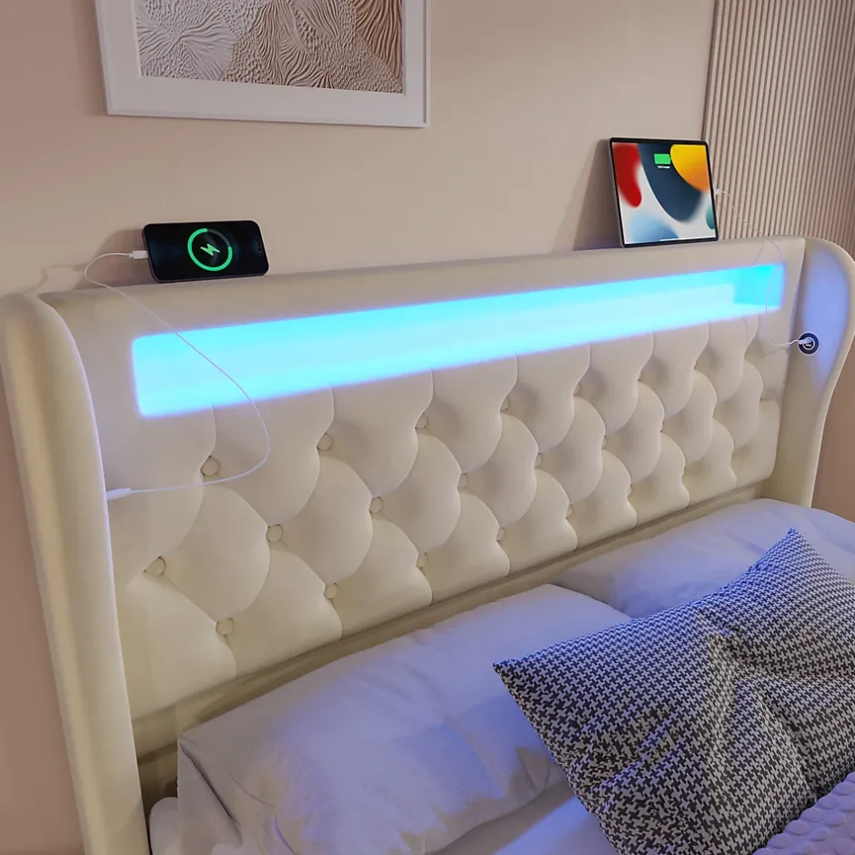 Redom Canapé-lit 160x200 cm convertible avec rangement hydraulique, éclairage LED intégré et station USB/Type-C en velours beige