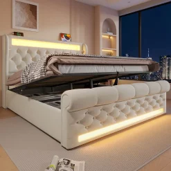 Redom Canapé-lit 160x200 cm convertible avec rangement hydraulique, éclairage LED intégré et station USB/Type-C en velours beige