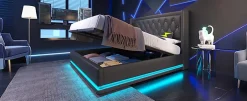 Redom Canapé-lit 140x200 cm convertible coffre hydraulique, LED 3 côtés, tête de lit USB-C, simili cuir noir Online