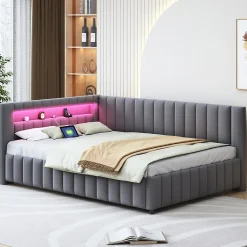 Redom Canapé-lit 140x200 cm en L convertible, revêtement velours gris, bande LED changeante et port USB, cadre lattenrost robuste