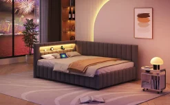 Redom Canapé-lit 140x200 cm en L convertible, revêtement velours gris, bande LED changeante et port USB, cadre lattenrost robuste