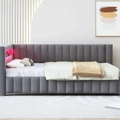Redom Canapé-lit 140x200 cm en L convertible, revêtement velours gris, bande LED changeante et port USB, cadre lattenrost robuste