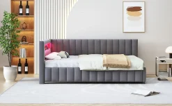 Redom Canapé-lit 140x200 cm en L convertible, revêtement velours gris, bande LED changeante et port USB, cadre lattenrost robuste
