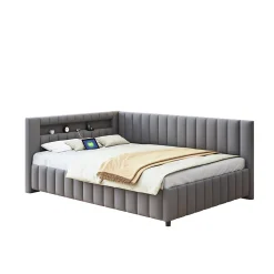Redom Canapé-lit 140x200 cm en L convertible, revêtement velours gris, bande LED changeante et port USB, cadre lattenrost robuste