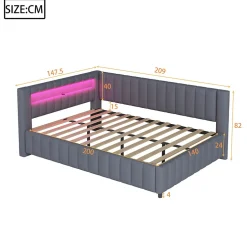 Redom Canapé-lit 140x200 cm en L convertible, revêtement velours gris, bande LED changeante et port USB, cadre lattenrost robuste
