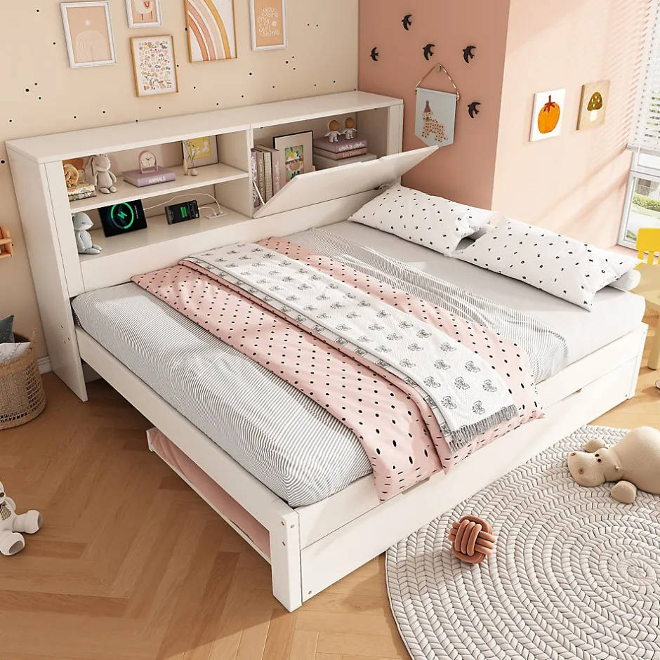 ModernLuxe Canapé-lit 140x190cm - lit gigogne - USB et Type-C - rangements - blanc (matelas non inclus)