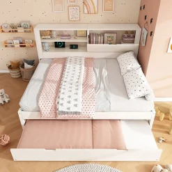 ModernLuxe Canapé-lit 140x190cm - lit gigogne - USB et Type-C - rangements - blanc (matelas non inclus)
