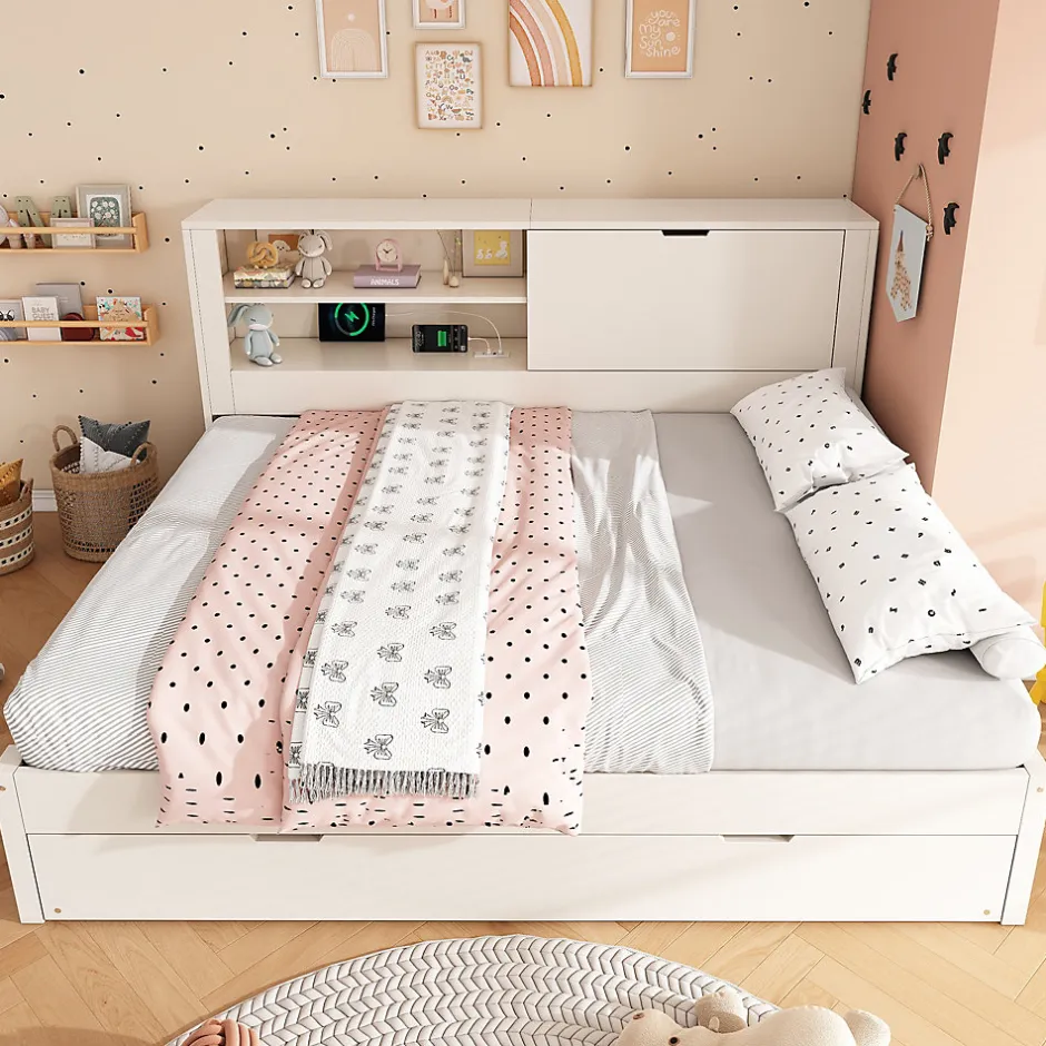 ModernLuxe Canapé-lit 140x190cm - lit gigogne - USB et Type-C - rangements - blanc (matelas non inclus)