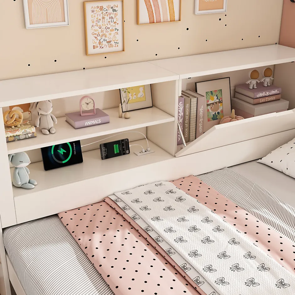 ModernLuxe Canapé-lit 140x190cm - lit gigogne - USB et Type-C - rangements - blanc (matelas non inclus)