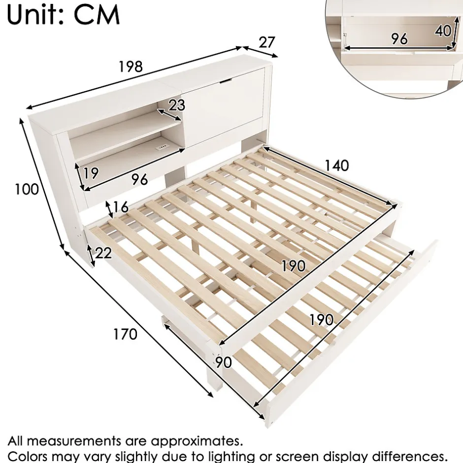 ModernLuxe Canapé-lit 140x190cm - lit gigogne - USB et Type-C - rangements - blanc (matelas non inclus)