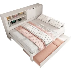 ModernLuxe Canapé-lit 140x190cm - lit gigogne - USB et Type-C - rangements - blanc (matelas non inclus)