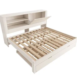 ModernLuxe Canapé-lit 140x190cm - lit gigogne - USB et Type-C - rangements - blanc (matelas non inclus)