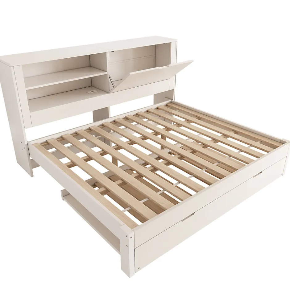 ModernLuxe Canapé-lit 140x190cm - lit gigogne - USB et Type-C - rangements - blanc (matelas non inclus)