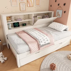 ModernLuxe Canapé-lit 90x190cm - lit gigogne - USB et Type-C - rangements - blanc (matelas non inclus) Hot