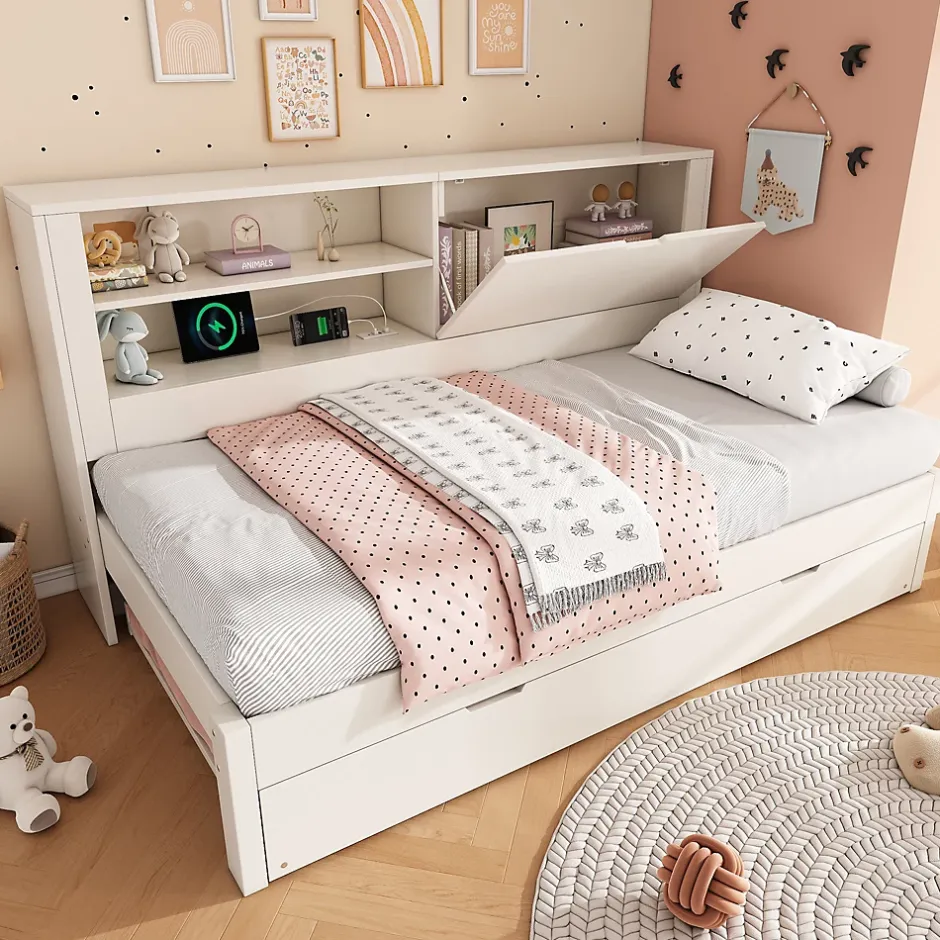 ModernLuxe Canapé-lit 90x190cm - lit gigogne - USB et Type-C - rangements - blanc (matelas non inclus) Hot