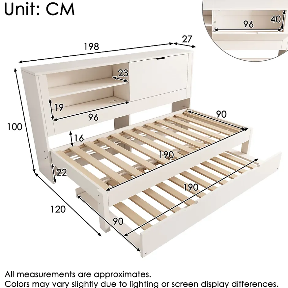 ModernLuxe Canapé-lit 90x190cm - lit gigogne - USB et Type-C - rangements - blanc (matelas non inclus) Hot
