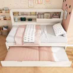 ModernLuxe Canapé-lit 90x190cm - lit gigogne - USB et Type-C - rangements - blanc (matelas non inclus) Hot