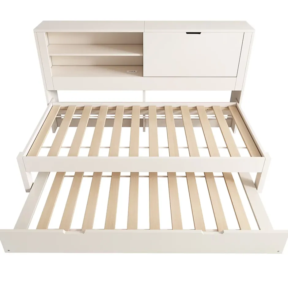 ModernLuxe Canapé-lit 90x190cm - lit gigogne - USB et Type-C - rangements - blanc (matelas non inclus) Hot