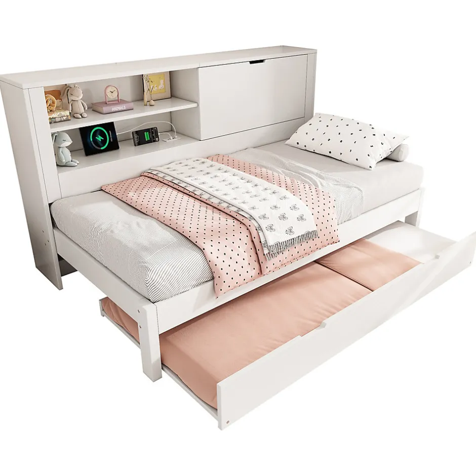 ModernLuxe Canapé-lit 90x190cm - lit gigogne - USB et Type-C - rangements - blanc (matelas non inclus) Hot