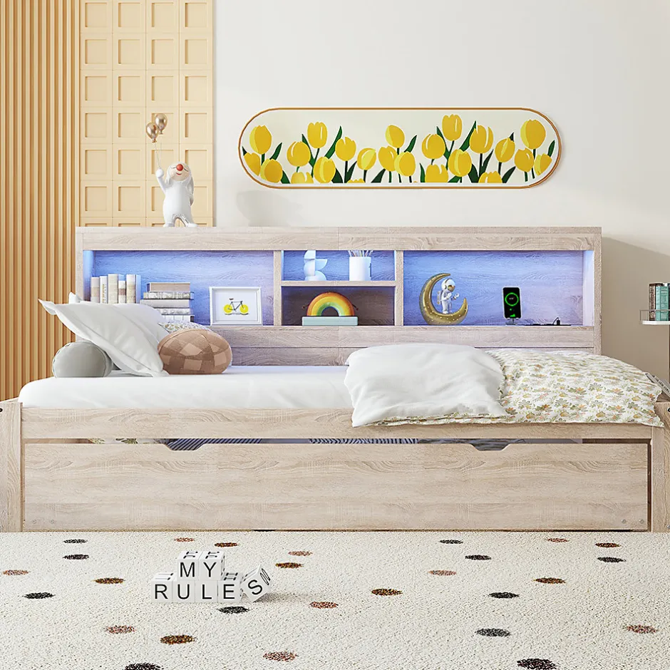 Blackcolors Canapé-lit 90x200cm LED télécommandé rangement prise/USB sans matelas naturel