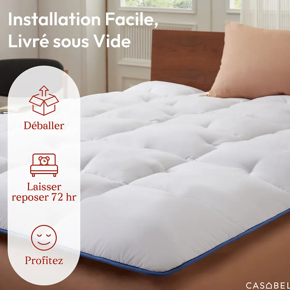 Casabel surmatelas enveloppant 180x200 cm en microfibre respirante, ultra moelleux, anti-acariens, avec liseré bleu