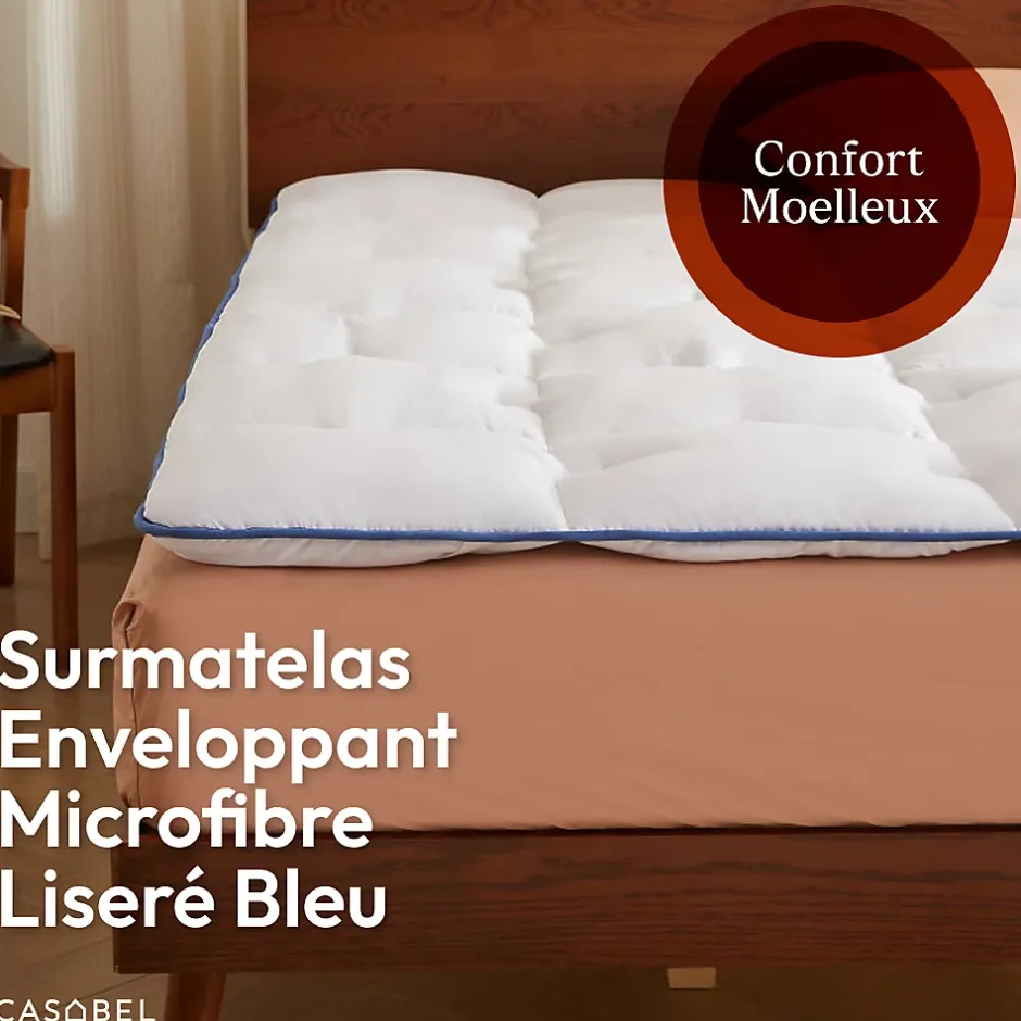 Casabel surmatelas enveloppant 140x190 cm en microfibre respirante, ultra moelleux, anti-acariens, avec liseré bleu Online