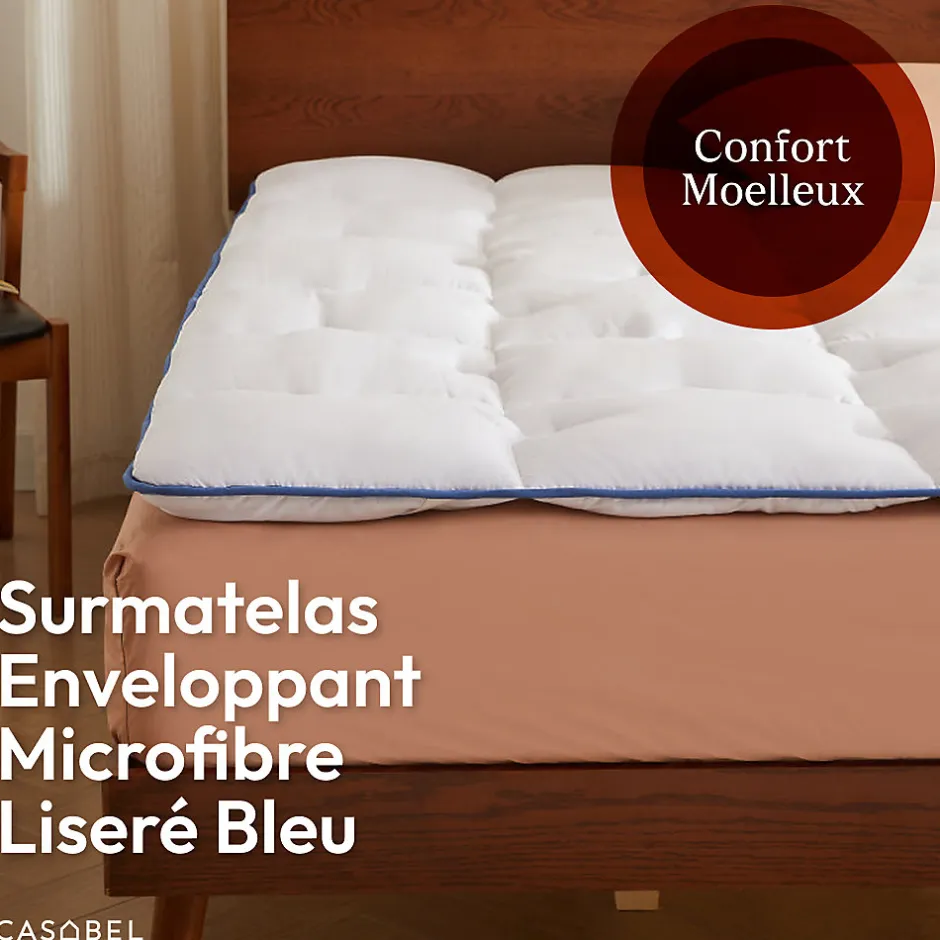 Casabel surmatelas enveloppant 150x200 cm en microfibre respirante, ultra moelleux, anti-acariens, avec liseré bleu